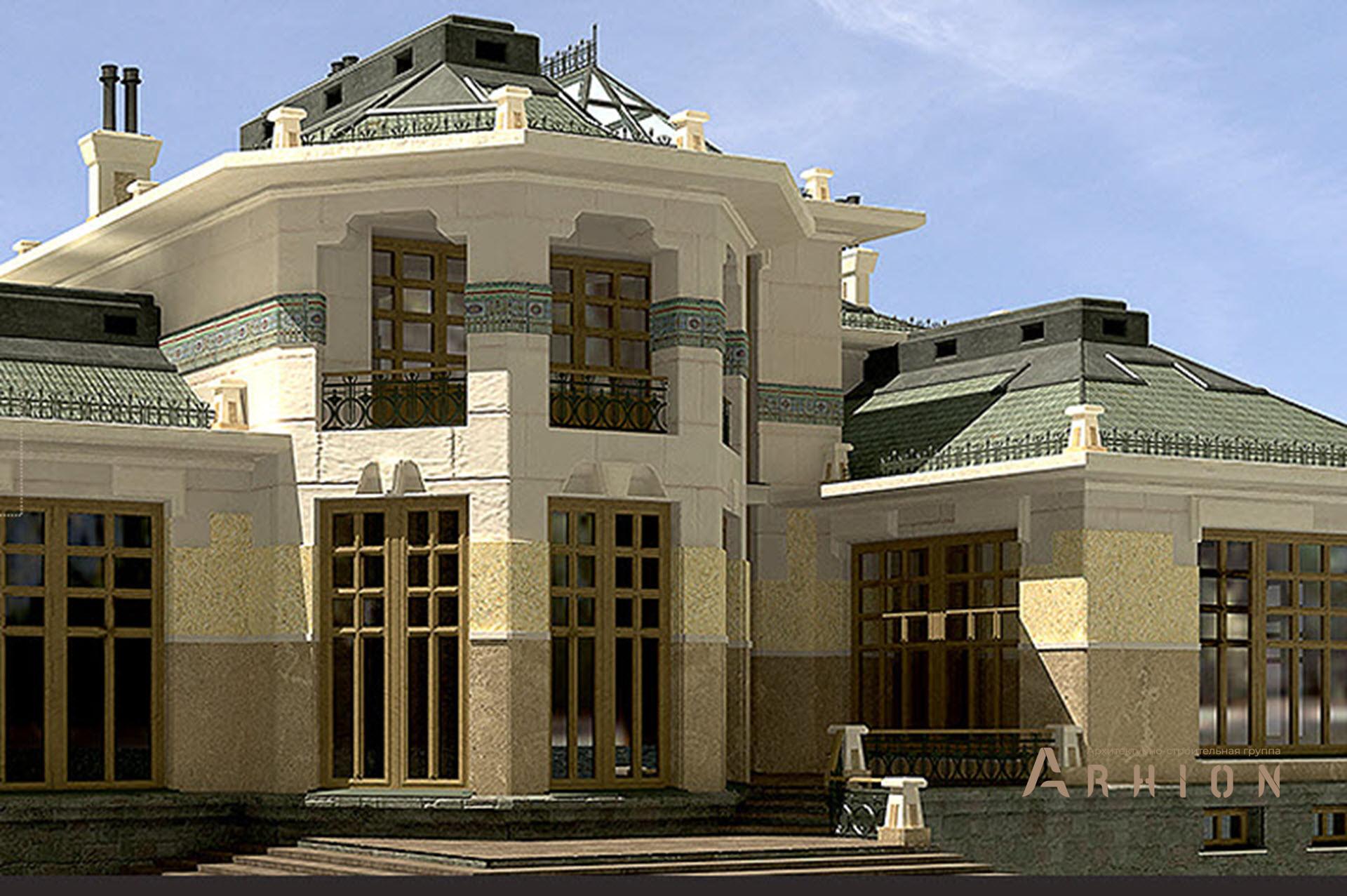 5. Проект двухэтажного дома в дворцовом стиле с многоскатной кровлей, SOV-4, площадью - 1040 кв c цокольным этажом, сауной, балконом, бассейном, эркером